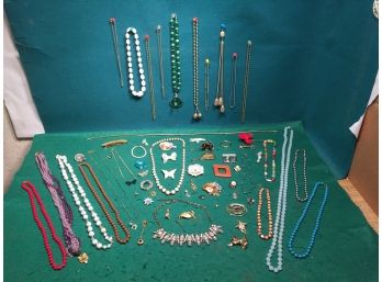 Vintage Costume Jewelry. (65) Pieces Of Costume Jewelry. Beads Pins Single Earrings Bracelet Belts Necklaces