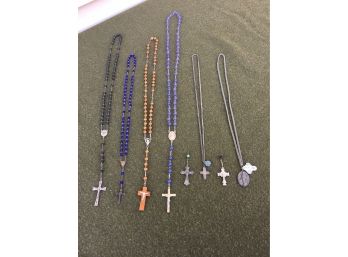 Fantastic Group Of Vintage And Antique Rosary Beads And Crosses. Cross On Left Is Sterling Silver.