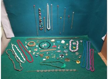 Vintage Costume Jewelry. (67) Pieces Of Costume Jewlery. Beads Pins Single Earrings Bracelet Belts Necklaces.