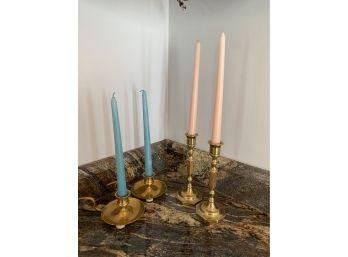 (2) Pair Brass Candlestick Holders With Candles