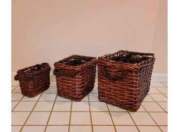 Trio Of Brown Rectangle Wicker Baskets With Handles