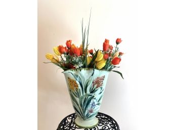 Italian Porcelain Hand Painted Vase With Silk Tulips