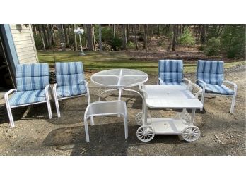 White Metal Framed Chairs And Plastic Top Table With Upholstered Pads With Porta-bar And Small Side Table