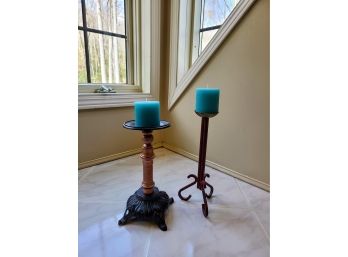 Mixed Metal Candle Holders With Turquoise Candles