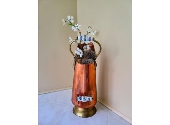 Two-toned Brass Vase With Blue And White Porcelain Handle