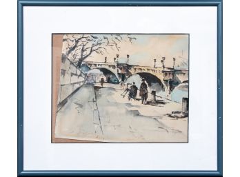 Small Watercolor Art Depicting A Canal Aquaduct