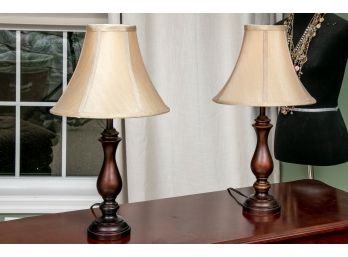 Pair Of Wood Column Table Lamps