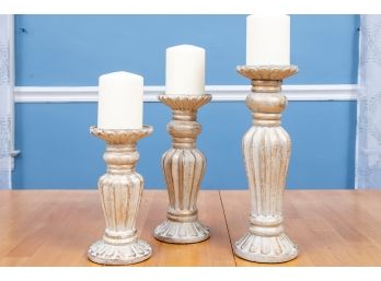 Antiqued Wood Column Candle Holders
