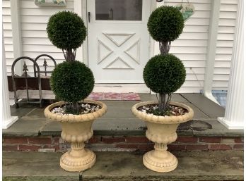 Pair Of Beaded Edge Composite Urn Planters With Faux Topiary Plants