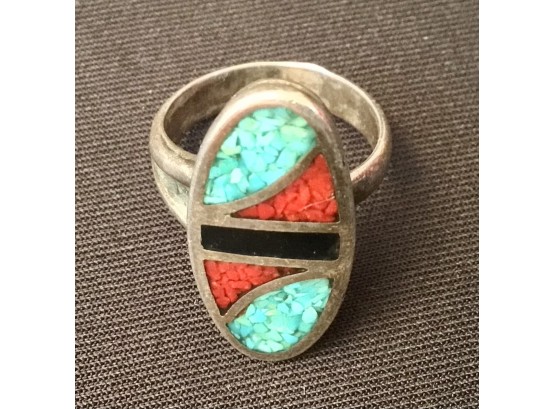 Zuni Sterling Silver With Crushed Turquoise And Coral Ring