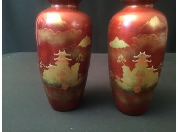 Pair Lacquered Wood  Red Asian Vases