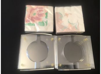 2 Sets Of 4 Each Lucite Coasters With Cocktail Napkins