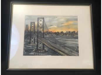 Bridge & Cityscape Water Color Matted & Framed