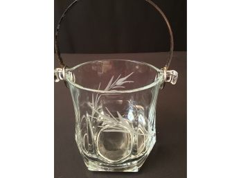 Lovely Petite Etched Glass Ice Bucket With Metal Handle Italy