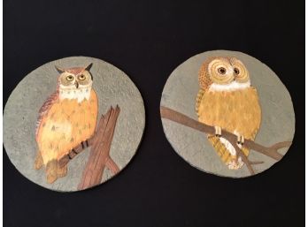 Pair 11-1/2 Inch 3D Owl Plaques Very Good Condition