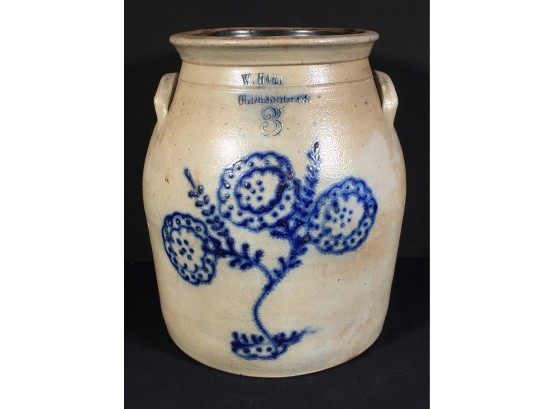 Fantastic Antique Stoneware Three (3) Gallon Crock With Cobalt Blue Flowers - W. Hart - Ogdenburgh NY - 1860's