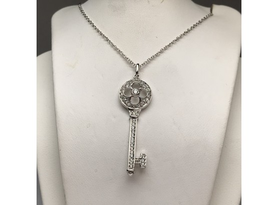 Lovely Sterling Silver / 925 Large Key With White Topaz - Nice Details - About The Size Of Real Key ! NICE !