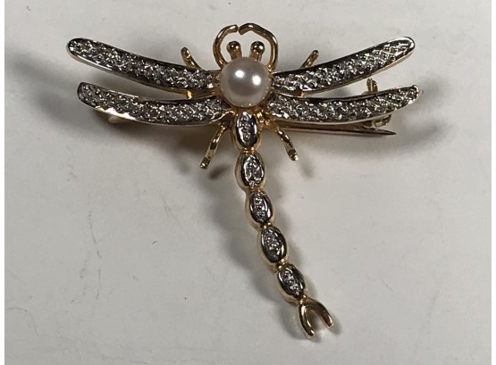 Incredible Vintage / Antique 14kt Gold Dragonfly Pin With Diamonds  & Pearl - BEAUTIFUL PIECE !