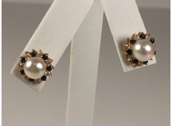 Wonderful Vintage All 14kt Gold - Pearl - Diamond - Blue Sapphire Earrings -Lovely Vintage Pair - VERY NICE