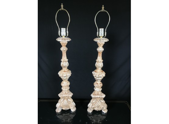 Fabulous Pair Of Antique Italian Carved Wood Lamps - Gold / Silver Gilt - AMAZING PAIR