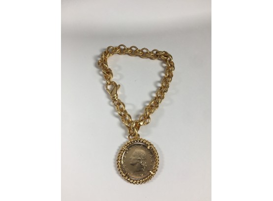 Great Looking Bracelet - 20 Lire Gold Italian Coin - Costume Jewelry - NOT Actual Gold Coin