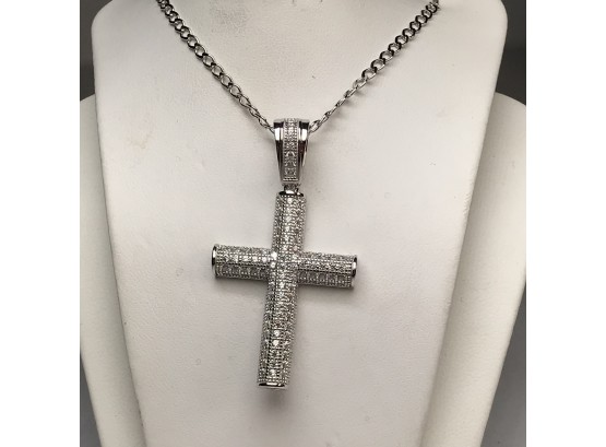 Beautiful Sterling Silver  / 925 - 18' Chain Necklace With Cross Covered In White Sapphires - GREAT PIECE !
