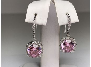 Gorgeous Pair Sterling Silver / 925 Drop Earrings With Pink Tourmaline - INCREDIBLE Pair - SPARKLERS !