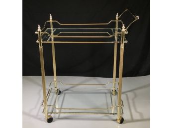 Very Nice Rolling Cocktail / Tea Cart - Brass Finish - Two Glass Shelves - Needs Some TLC - Good Size