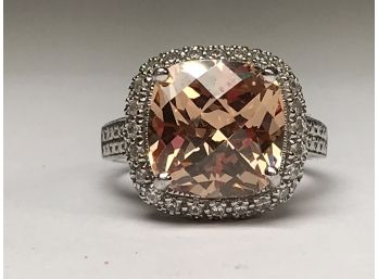 Beautiful Sterling Silver / 925 Ring With Peachy Color Topaz Ring Very Fancy Setting - WOW!