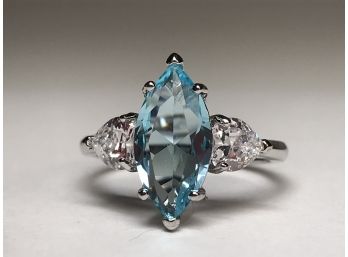 Stunning Sterling Silver / 925 Ring With Marquis Cut Aquamarine & White Topaz - INCREDIBLE ! You Will LOVE It