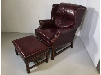Phenomenal Custom Made Leather Wing Chair & Ottoman - Christmans In Darien - Brass Nail Trim - Paid THOUSANDS