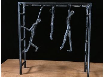 Very Interesting Sculpture Of Family On Monkey Bars - Man, Woman & Child - Metal With Patina / Paint