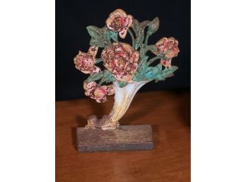 Fantastic Antique Flower Vase Cast Iron Door Stop - Amazing Old Paint - Gorgeous Colors - GREAT PIECE !