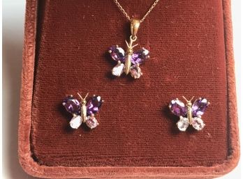 Beautiful All 10k Gold Earring & Necklace Set - All Set With Amethysts In Butterfly Motif - Very Nice !