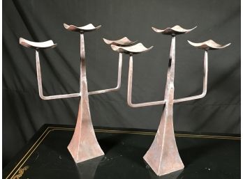 Fantastic MCM / Midcentury Modern Candelabras - Hand Made Of Iron - GREAT LOOK - Interesting Pair