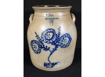 Fantastic Antique Stoneware Three (3) Gallon Crock With Cobalt Blue Flowers - W. Hart - Ogdenburgh NY - 1860's