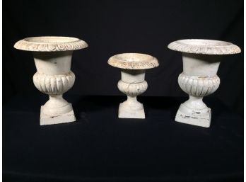 Lor Of Three Vintage Victorian Style Cast Iron Urns - GREAT Tabletop Size - Nice Old Worn White Paint