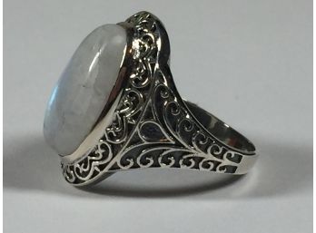 Beautiful Sterling Silver / 925  Filigree Ring With Moonstone - VERY Pretty Ring - Unusual !