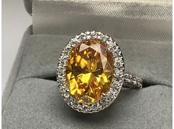 Stunning Sterling Silver / 925 With HUGE Golden Citrine Stone With White Sapphires - WOW ! AMAZING