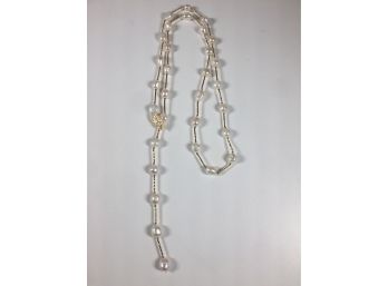 Wonderful Floral Motif Adjustable Goldtone Necklace With Genuine Freshwater Pearls - Very Long 37'