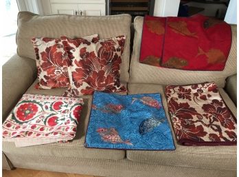 Three JIM THOMPSON  Fish Pillow Covers - Lg. Hand Made Tapestry - Two Silk Pillows & Table Runner - Burgundy