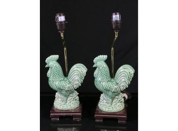 Adorable Green Pottery Rooster Lamps On Wooden Bases - Nice Pair ! - Great Color !