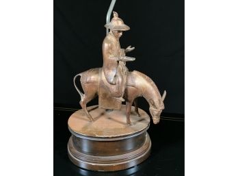 Unusual Antique Bronze Of Asian Man On Mule - Mounted On Wooden Base - VERY Interesting Piece