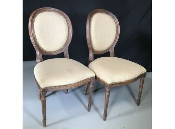 Great Pair Of French Style Side Chairs With Burlap Upholstery  & Leopard Print Fabric Back - Please Note !