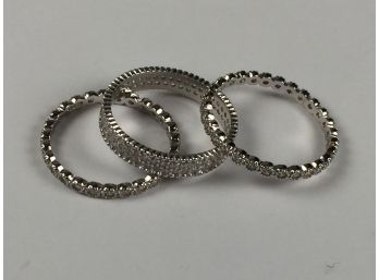 Three (3) Sterling Silver / 925 Stacking Rings - With Tiny Diamonds - Look GREAT Together - Nice Lot !