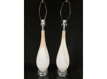 Amazing Large MURANO ART GLASS Style Lamps - Lucite Bases & Finials  - White / Gold - Client Paid $475 Each !