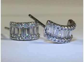 Beautiful Sterling Silver / 925 Cuff Earrings With White Sapphires - Very Pretty Pair - Nice Quality