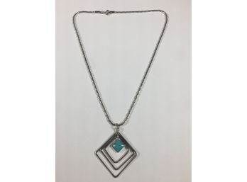 Lovely Vintage Sterling Silver / 925 Necklace With Turquoise - Nice Art Deco Design - 14' Sterling Chain