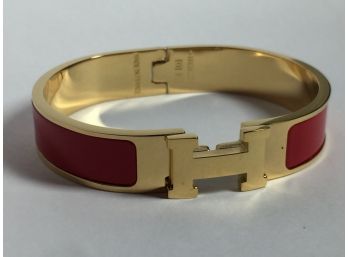 Very Cool Designer H Red Enamel & Gold Plated Bracelet - This Is In The Style Of - GREAT LOOK