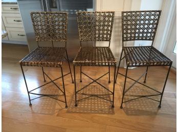 Three Very Nice Wrought Iron Kitchen / Bar Stools With  Caned Seats - Several Sets Of Cushions NICE SET !